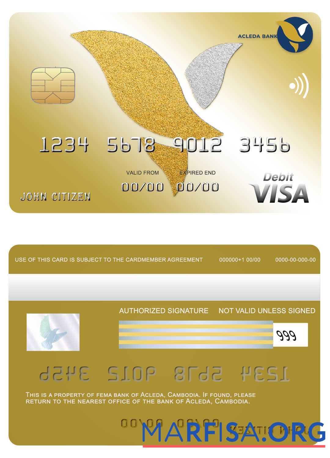 Blank Cambodia Acleda bank visa card example